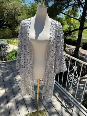 Chico's Light SilverCrochet Open-Front Duster